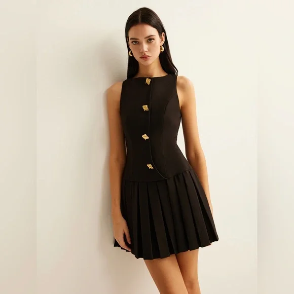 Metal-Button Pleated Tank Dress - Picture 3 of 6